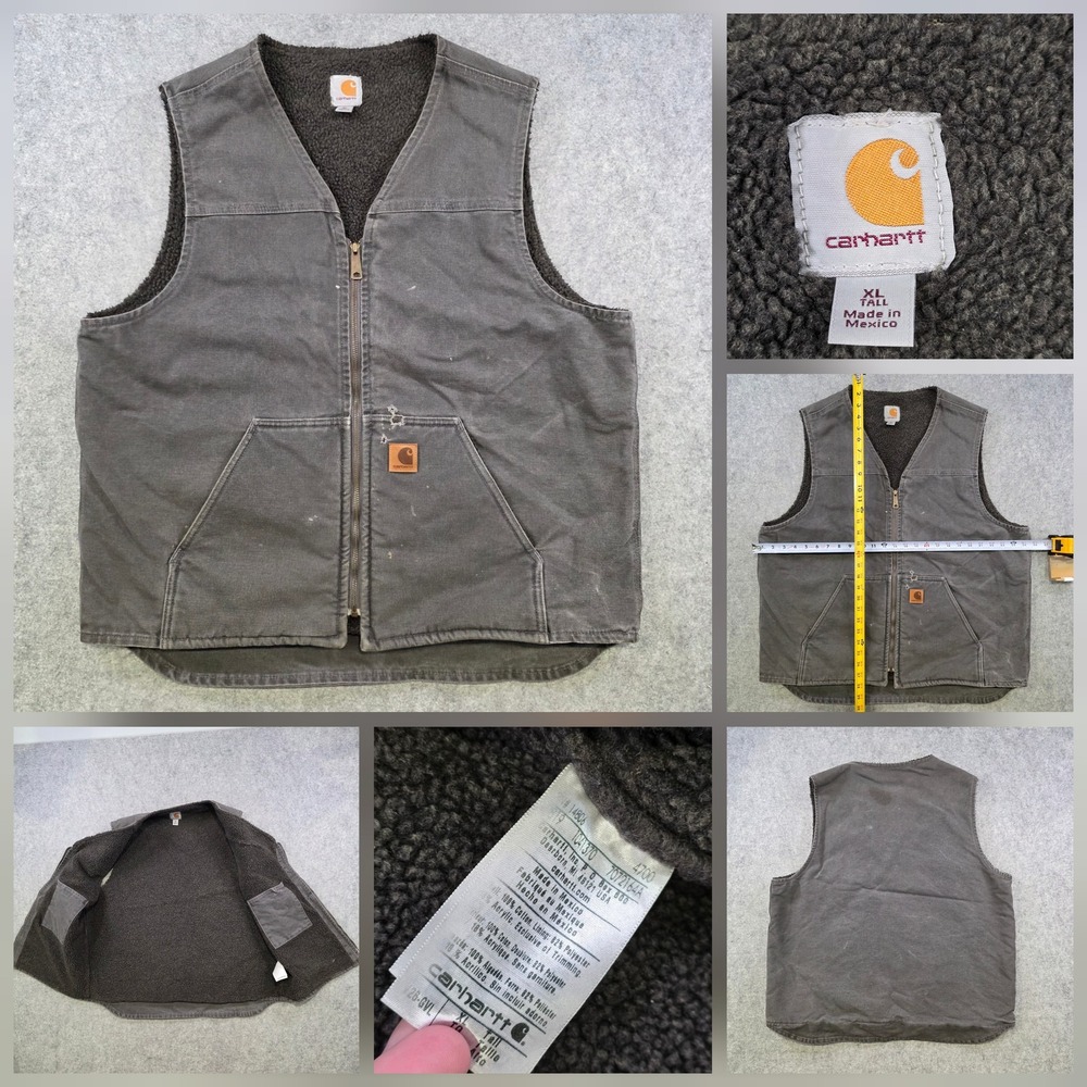 Carhartt Vest Mens XLT Gray Canvas Sherpa Lined Full Zip Work V01 Outdoor